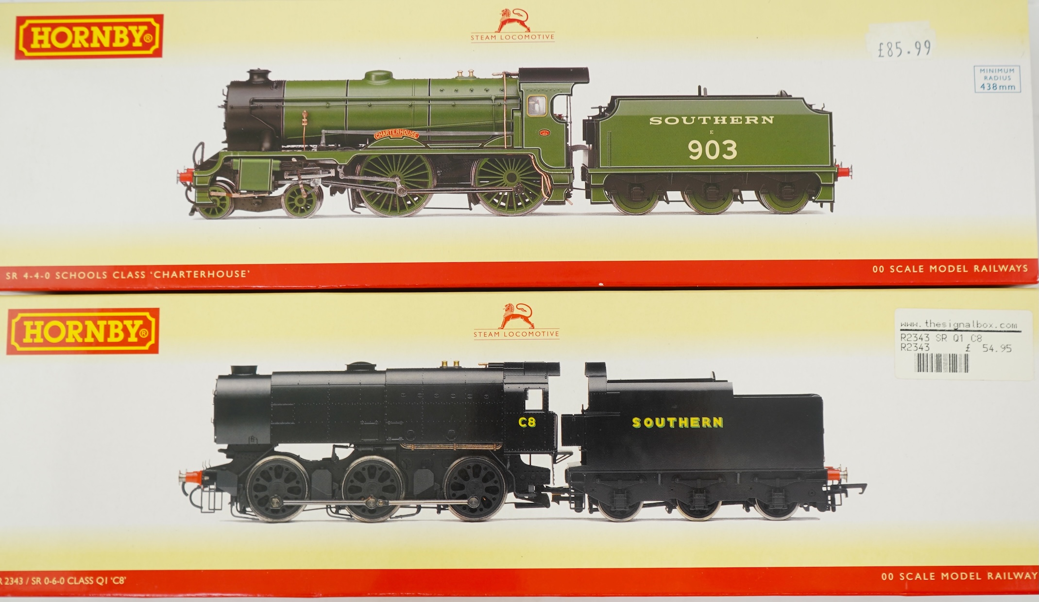 Two boxed Hornby Hobbies 00 gauge railway Southern Railway locomotives; a class Q1, C8, (R2343), together with a Schools Class, Charterhouse 903, (R2742)